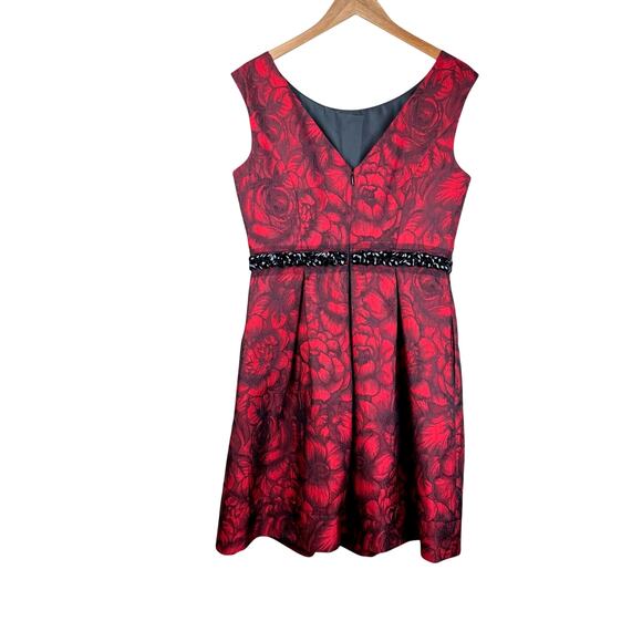 Eliza J Black Embellished Waist Red Floral Brocade Fit & Flare Cocktail Dress - Picture 10 of 12